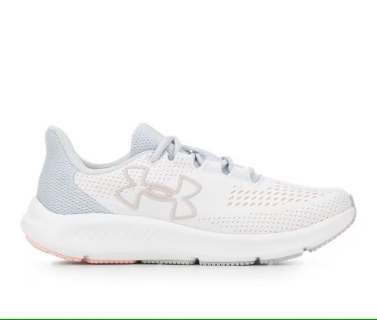 Under Armour Women's Charged Pursuit 3 Big Logo Running Shoes - White/Halo Gray/Pink Fizz