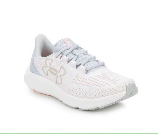 Under Armour Women's Charged Pursuit 3 Big Logo Running Shoes - White/Halo Gray/Pink Fizz