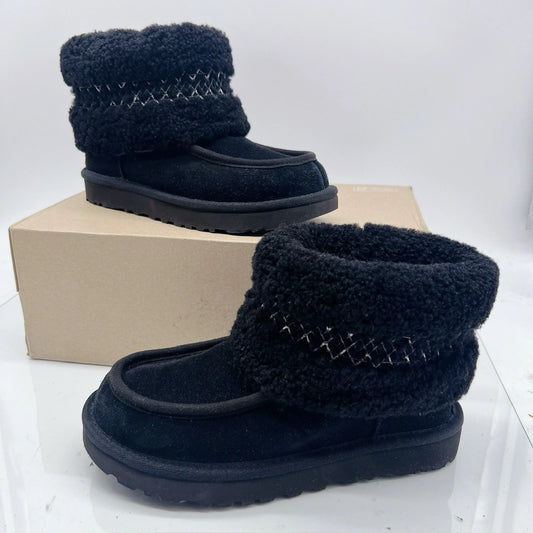 UGG Classic Mini Braid Sheepskin Ankle Boots Fur Black Womens