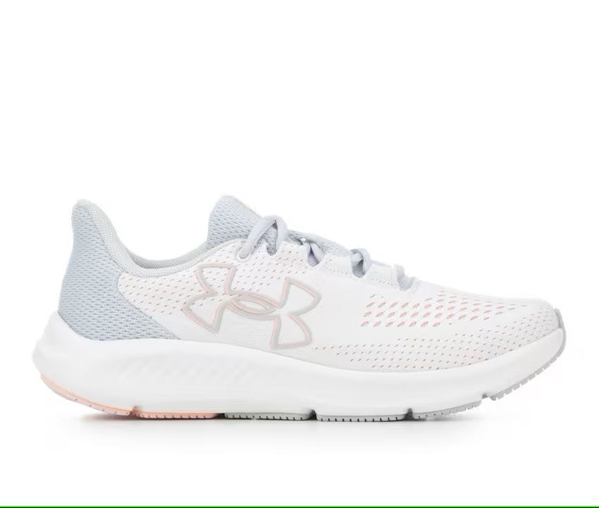 Under Armour Women's Charged Pursuit 3 Big Logo Running Shoes - White/Halo Gray/Pink Fizz