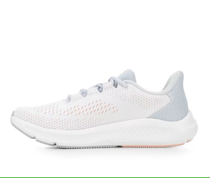Under Armour Women's Charged Pursuit 3 Big Logo Running Shoes - White/Halo Gray/Pink Fizz