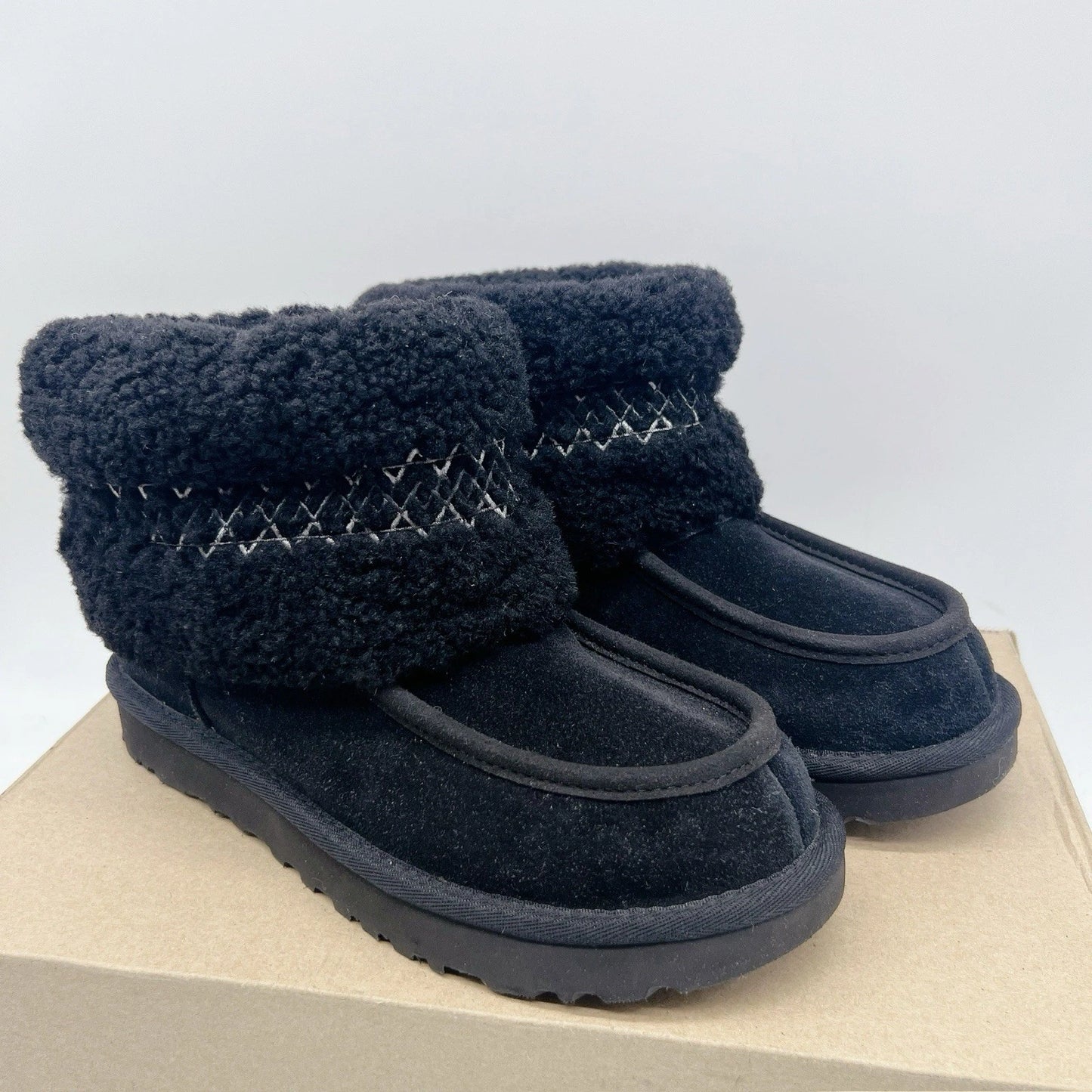 UGG Classic Mini Braid Sheepskin Ankle Boots Fur Black Womens